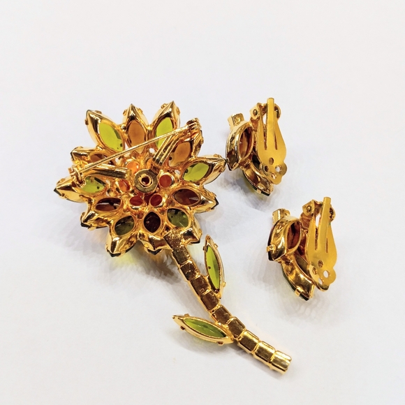 Vintage Fall Colors Rhinestone Flower Brooch And Earrings Set - Picture 6 of 6